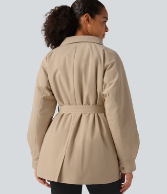 Water Repellent Lapel Collar Long Sleeve Belted Work Padded Jacket with Pockets Water Repellent Lapel Collar Long Sleeve Belted Work Padded Jacket with Pockets