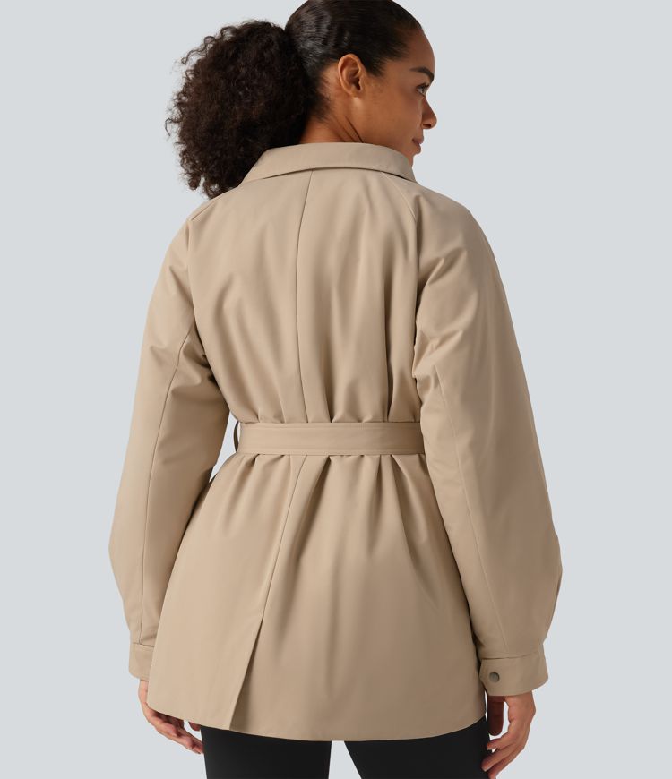 Water Repellent Lapel Collar Long Sleeve Belted Work Padded Jacket with Pockets Water Repellent Lapel Collar Long Sleeve Belted Work Padded Jacket with Pockets