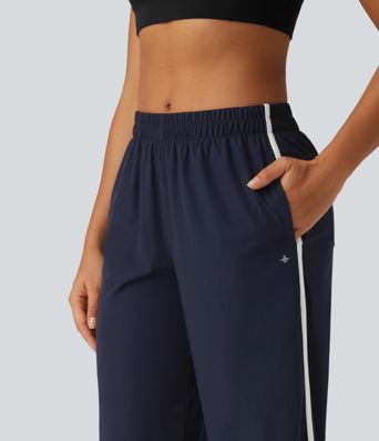 Mid Rise Curved Hem Wide Leg Color Block Running Pants with Pockets