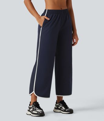 Mid Rise Curved Hem Wide Leg Color Block Running Pants with Pockets