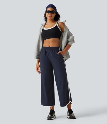 Mid Rise Curved Hem Wide Leg Color Block Running Pants with Pockets