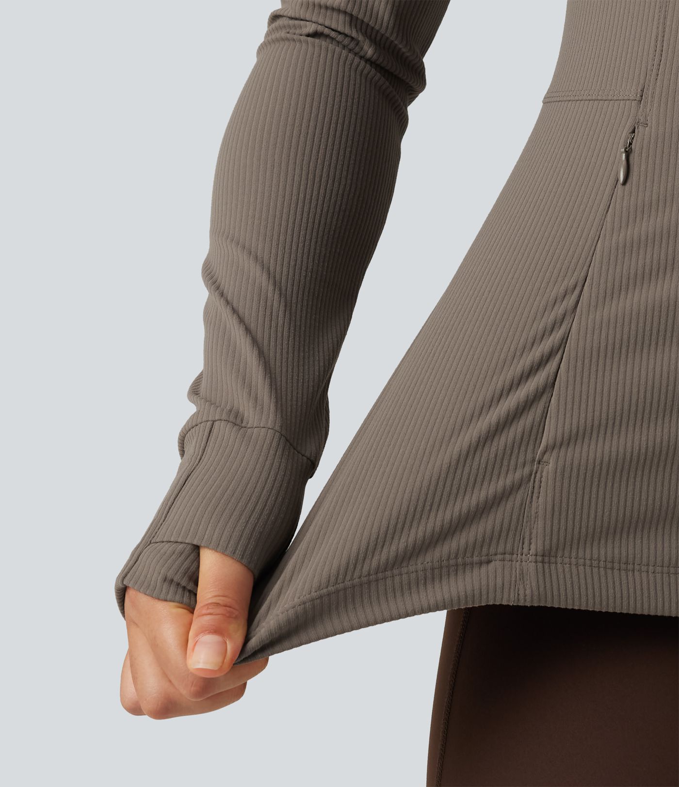 Ribbed Knit Stand Collar Long Sleeve Thumb Hole Yoga Jacket with Pockets Ribbed Knit Stand Collar Long Sleeve Thumb Hole Yoga Jacket with Pockets