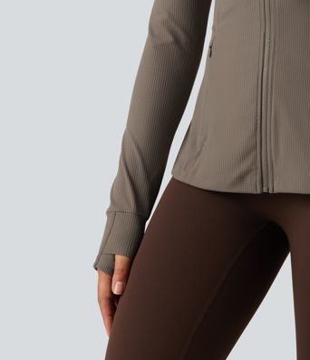 Ribbed Knit Stand Collar Long Sleeve Thumb Hole Yoga Jacket with Pockets Ribbed Knit Stand Collar Long Sleeve Thumb Hole Yoga Jacket with Pockets