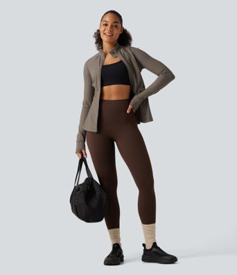 Ribbed Knit Stand Collar Long Sleeve Thumb Hole Yoga Jacket with Pockets Ribbed Knit Stand Collar Long Sleeve Thumb Hole Yoga Jacket with Pockets