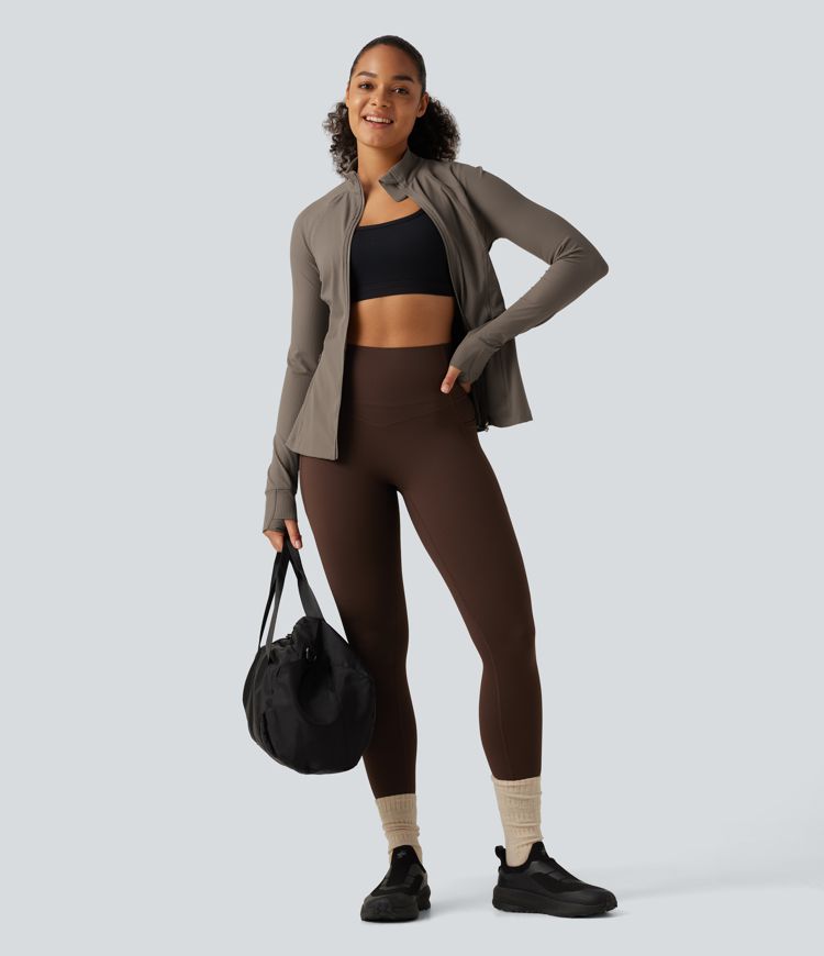 Ribbed Knit Stand Collar Long Sleeve Thumb Hole Yoga Jacket with Pockets Ribbed Knit Stand Collar Long Sleeve Thumb Hole Yoga Jacket with Pockets