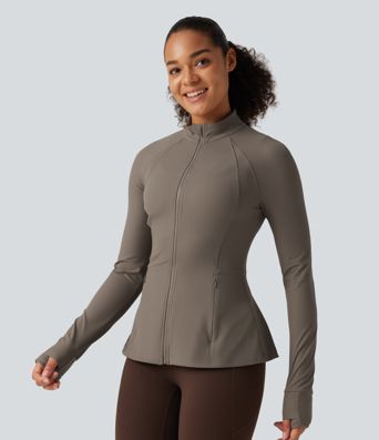 Ribbed Knit Stand Collar Long Sleeve Thumb Hole Yoga Jacket with Pockets Ribbed Knit Stand Collar Long Sleeve Thumb Hole Yoga Jacket with Pockets