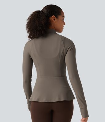 Ribbed Knit Stand Collar Long Sleeve Thumb Hole Yoga Jacket with Pockets Ribbed Knit Stand Collar Long Sleeve Thumb Hole Yoga Jacket with Pockets