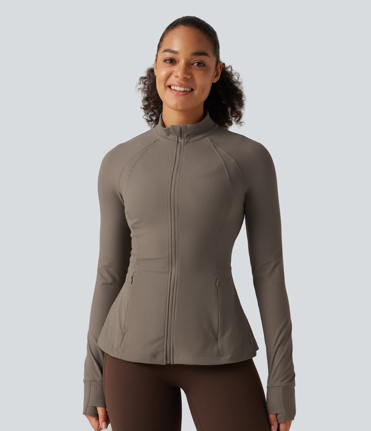 Ribbed Knit Stand Collar Long Sleeve Thumb Hole Yoga Jacket with Pockets Ribbed Knit Stand Collar Long Sleeve Thumb Hole Yoga Jacket with Pockets