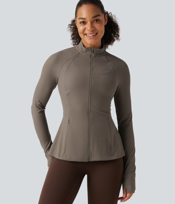 Ribbed Knit Stand Collar Long Sleeve Thumb Hole Yoga Jacket with Pockets Ribbed Knit Stand Collar Long Sleeve Thumb Hole Yoga Jacket with Pockets