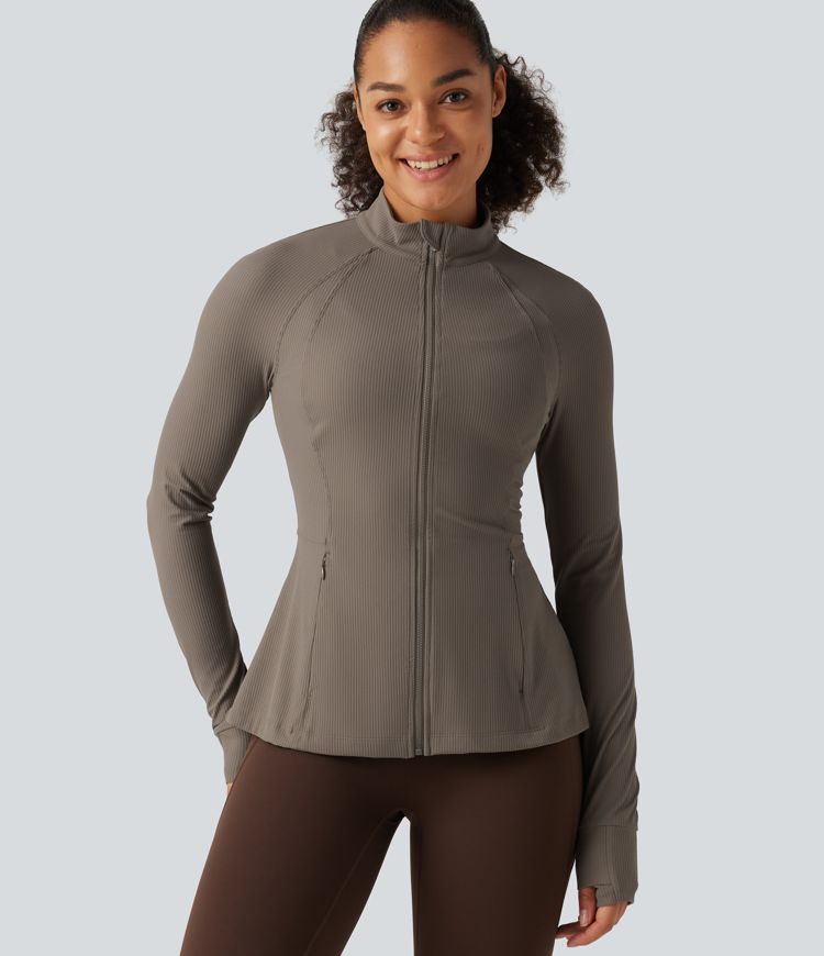 Ribbed Knit Stand Collar Long Sleeve Thumb Hole Yoga Jacket with Pockets Ribbed Knit Stand Collar Long Sleeve Thumb Hole Yoga Jacket with Pockets