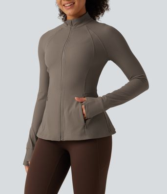 Ribbed Knit Stand Collar Long Sleeve Thumb Hole Yoga Jacket with Pockets Ribbed Knit Stand Collar Long Sleeve Thumb Hole Yoga Jacket with Pockets