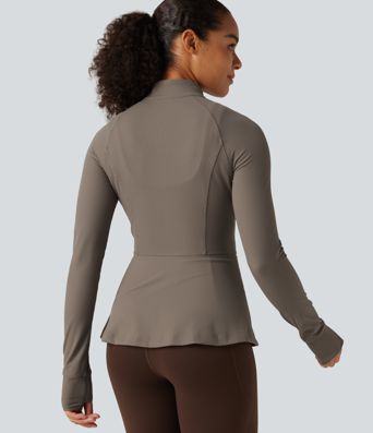 Ribbed Knit Stand Collar Long Sleeve Thumb Hole Yoga Jacket with Pockets Ribbed Knit Stand Collar Long Sleeve Thumb Hole Yoga Jacket with Pockets