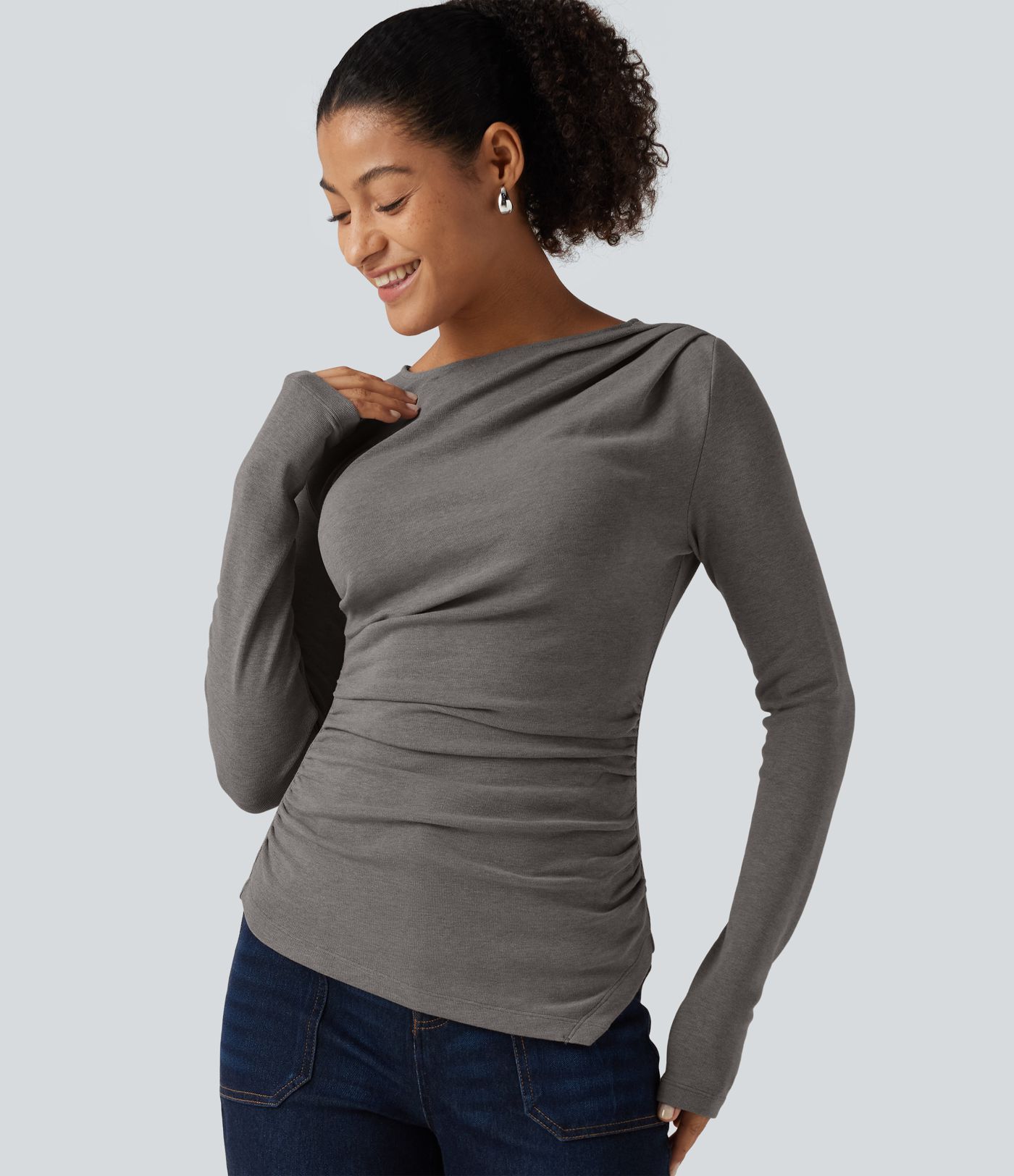 Boat Neck Long Sleeve Ruched Asymmetric Hem Thermal Casual Top