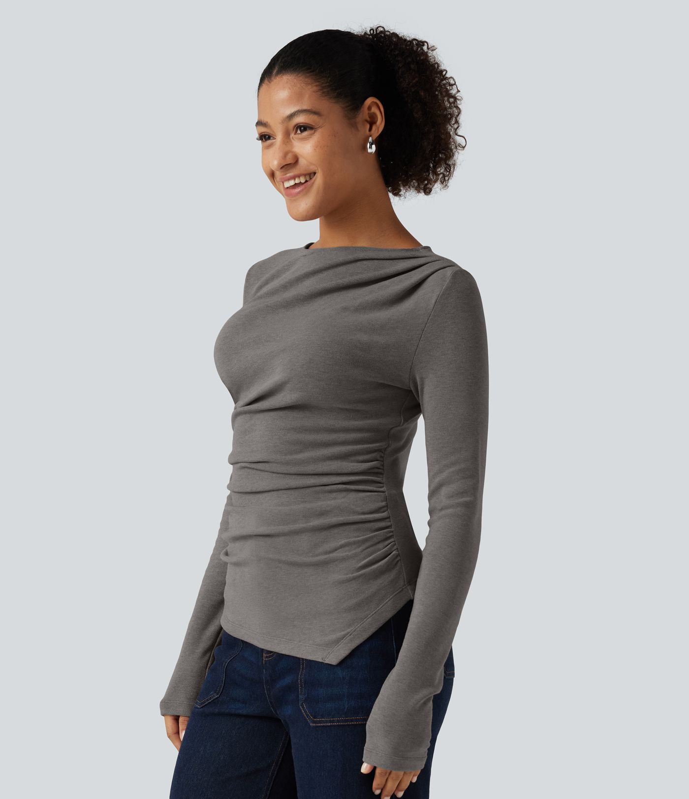 Boat Neck Long Sleeve Ruched Asymmetric Hem Thermal Casual Top