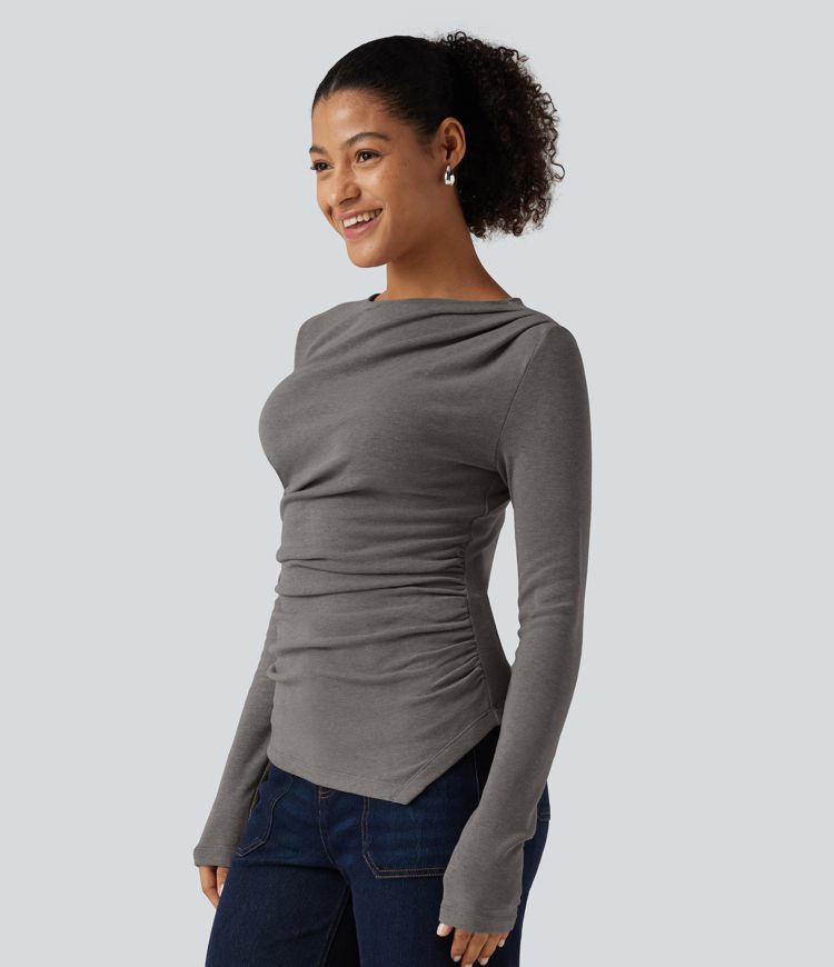 Boat Neck Long Sleeve Ruched Asymmetric Hem Thermal Casual Top