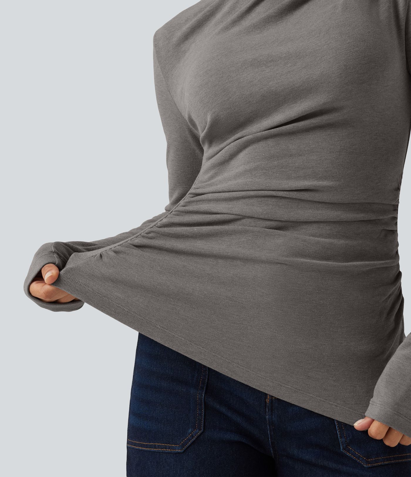 Boat Neck Long Sleeve Ruched Asymmetric Hem Thermal Casual Top