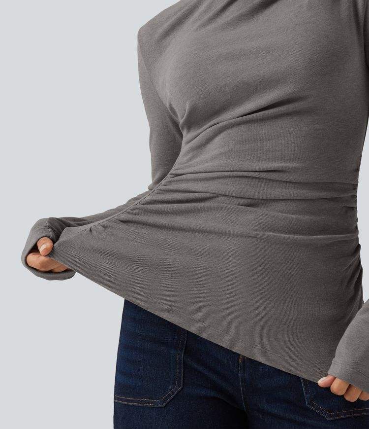 Boat Neck Long Sleeve Ruched Asymmetric Hem Thermal Casual Top