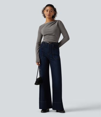 Boat Neck Long Sleeve Ruched Asymmetric Hem Thermal Casual Top