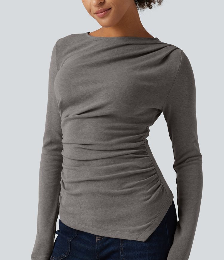 Boat Neck Long Sleeve Ruched Asymmetric Hem Thermal Casual Top
