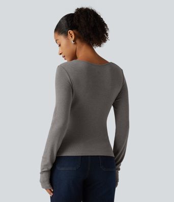 Boat Neck Long Sleeve Ruched Asymmetric Hem Thermal Casual Top