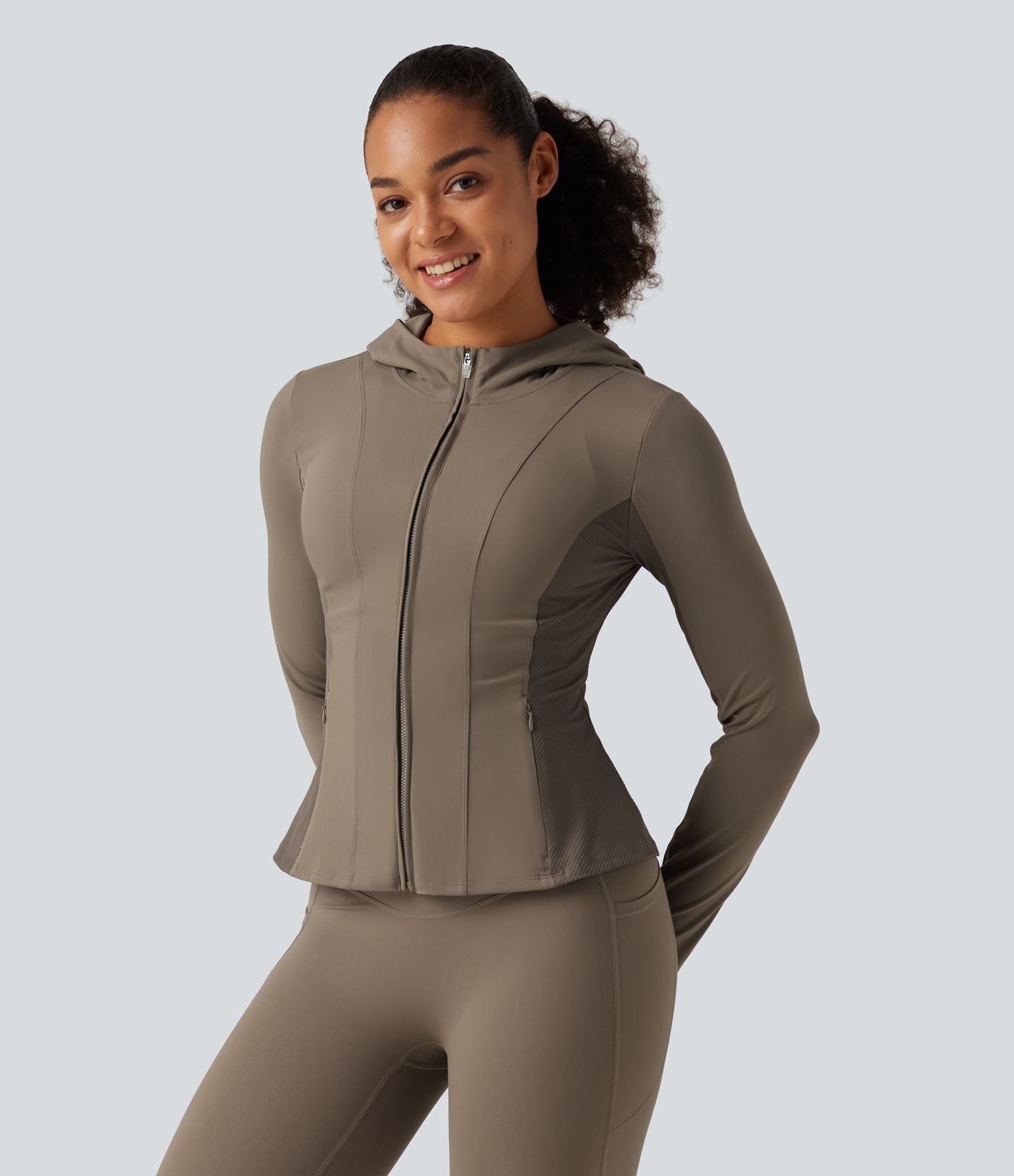 Halara UltraSculpt™ Hooded Long Sleeve Ruffle Hem Yoga Track Jacket with Pockets and  Thumb Holes