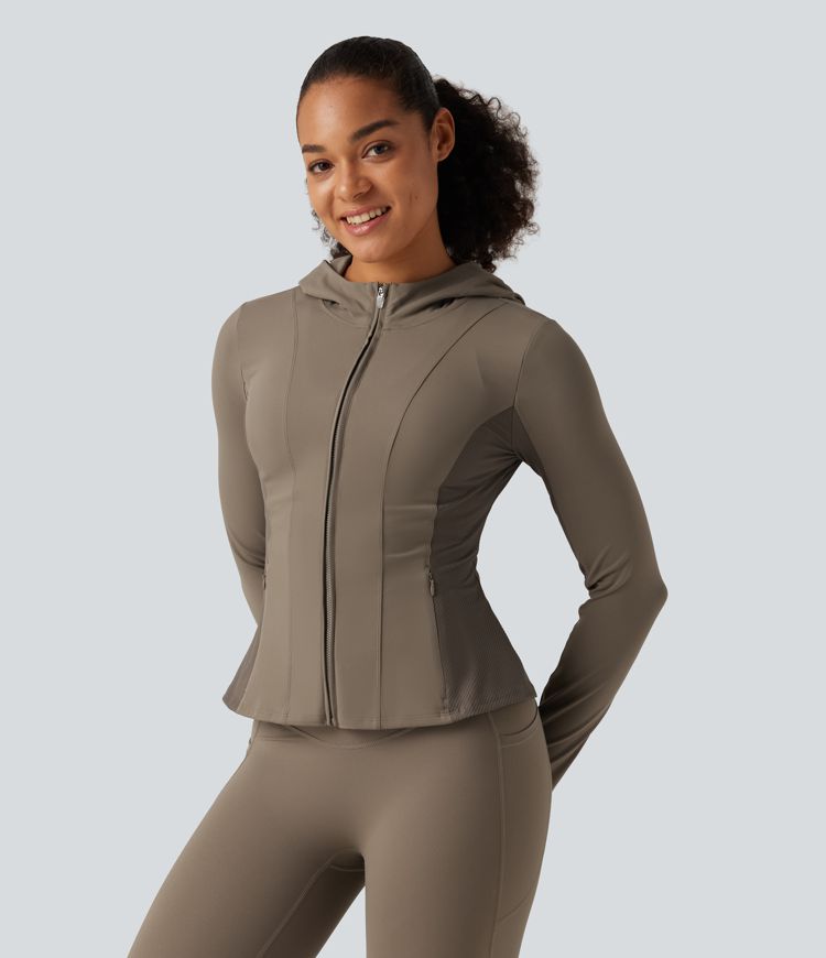 Halara UltraSculpt™ Hooded Long Sleeve Ruffle Hem Yoga Track Jacket with Pockets and  Thumb Holes
