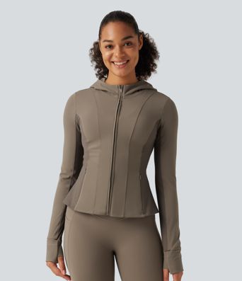 Halara UltraSculpt™ Hooded Long Sleeve Ruffle Hem Yoga Track Jacket with Pockets and  Thumb Holes