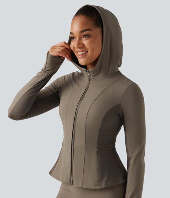 Halara UltraSculpt™ Hooded Long Sleeve Ruffle Hem Yoga Track Jacket with Pockets and  Thumb Holes