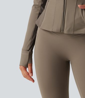 Halara UltraSculpt™ Hooded Long Sleeve Ruffle Hem Yoga Track Jacket with Pockets and  Thumb Holes