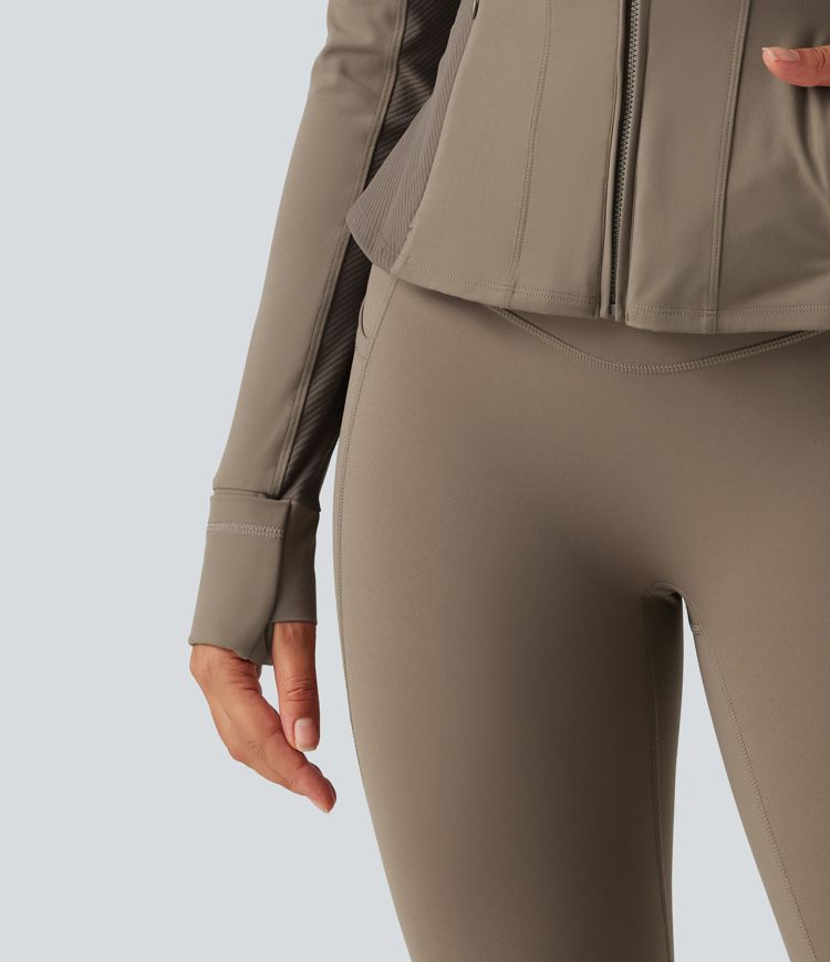 Halara UltraSculpt™ Hooded Long Sleeve Ruffle Hem Yoga Track Jacket with Pockets and  Thumb Holes