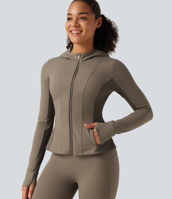 Halara UltraSculpt™ Hooded Long Sleeve Ruffle Hem Yoga Track Jacket with Pockets and  Thumb Holes