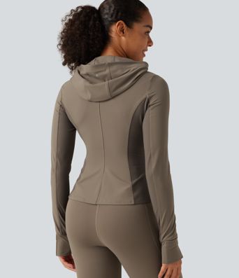 Halara UltraSculpt™ Hooded Long Sleeve Ruffle Hem Yoga Track Jacket with Pockets and  Thumb Holes