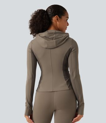 Halara UltraSculpt™ Hooded Long Sleeve Ruffle Hem Yoga Track Jacket with Pockets and  Thumb Holes