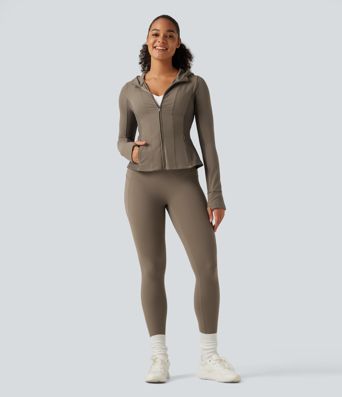 Halara UltraSculpt™ Hooded Long Sleeve Ruffle Hem Yoga Track Jacket with Pockets and  Thumb Holes