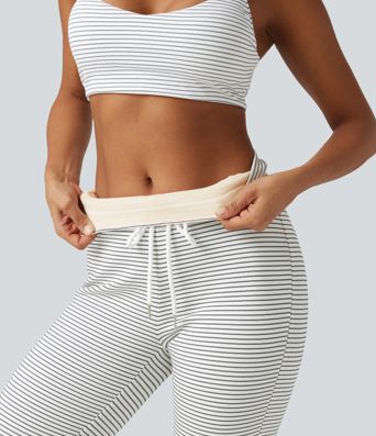 High Waisted Drawstring Stripe Flare Fleece Yoga Pants with Pockets High Waisted Drawstring Stripe Flare Fleece Yoga Pants with Pockets