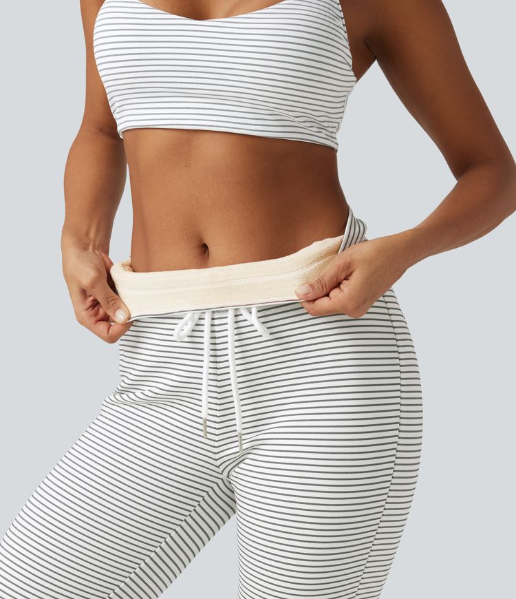 High Waisted Drawstring Stripe Flare Fleece Yoga Pants with Pockets High Waisted Drawstring Stripe Flare Fleece Yoga Pants with Pockets