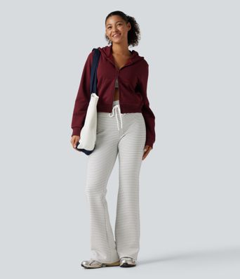 High Waisted Drawstring Stripe Flare Fleece Yoga Pants with Pockets High Waisted Drawstring Stripe Flare Fleece Yoga Pants with Pockets