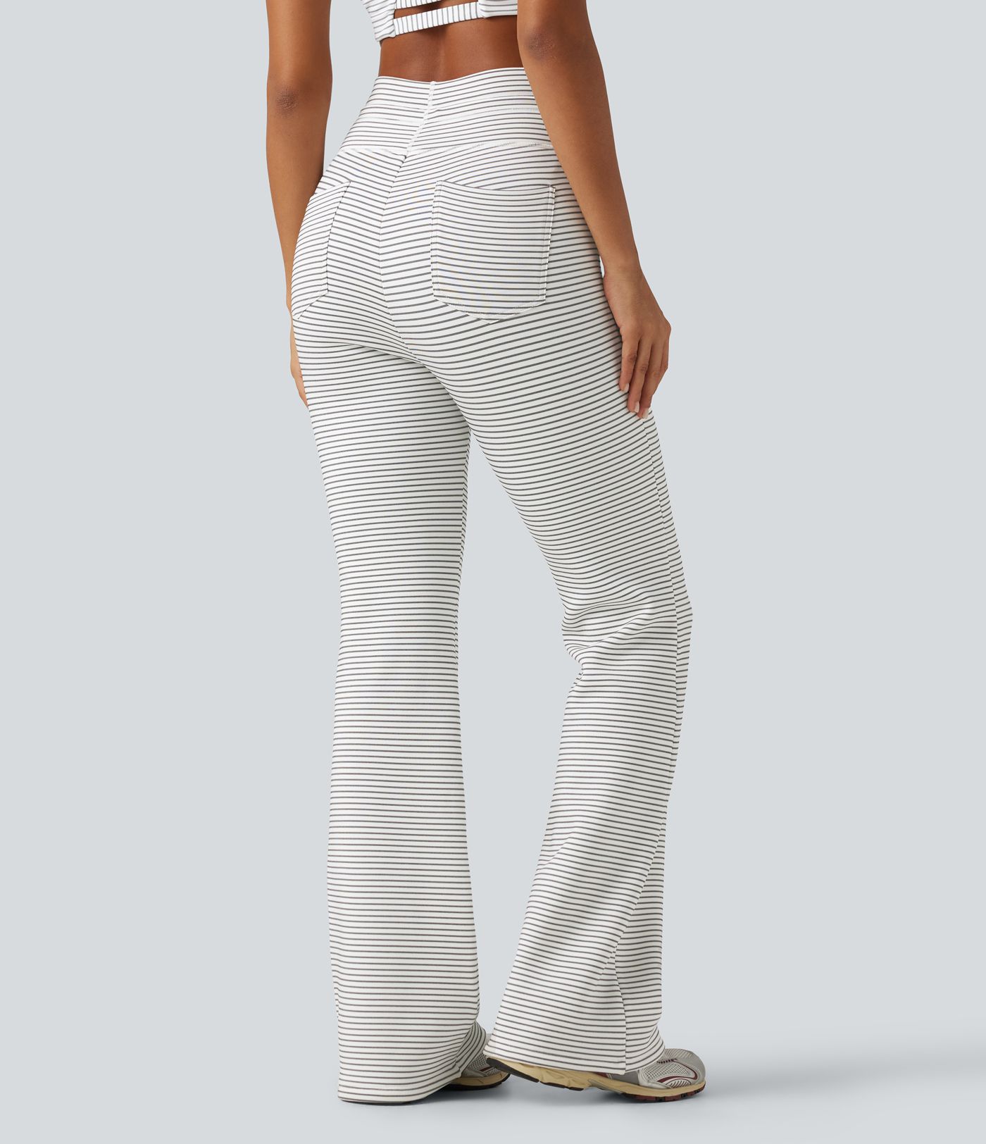 High Waisted Drawstring Stripe Flare Fleece Yoga Pants with Pockets High Waisted Drawstring Stripe Flare Fleece Yoga Pants with Pockets