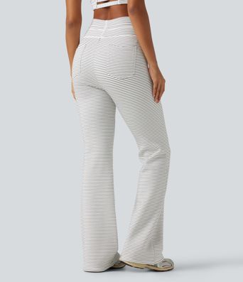 High Waisted Drawstring Stripe Flare Fleece Yoga Pants with Pockets High Waisted Drawstring Stripe Flare Fleece Yoga Pants with Pockets