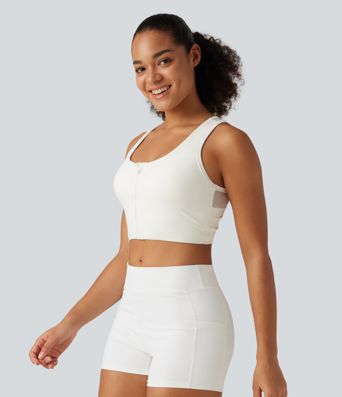U Neck Zipper Contrast Mesh Back Cropped Yoga Tank Top with Built-in Bra and Pocket