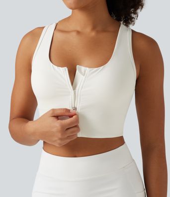 U Neck Zipper Contrast Mesh Back Cropped Yoga Tank Top with Built-in Bra and Pocket