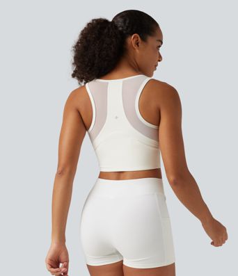 U Neck Zipper Contrast Mesh Back Cropped Yoga Tank Top with Built-in Bra and Pocket