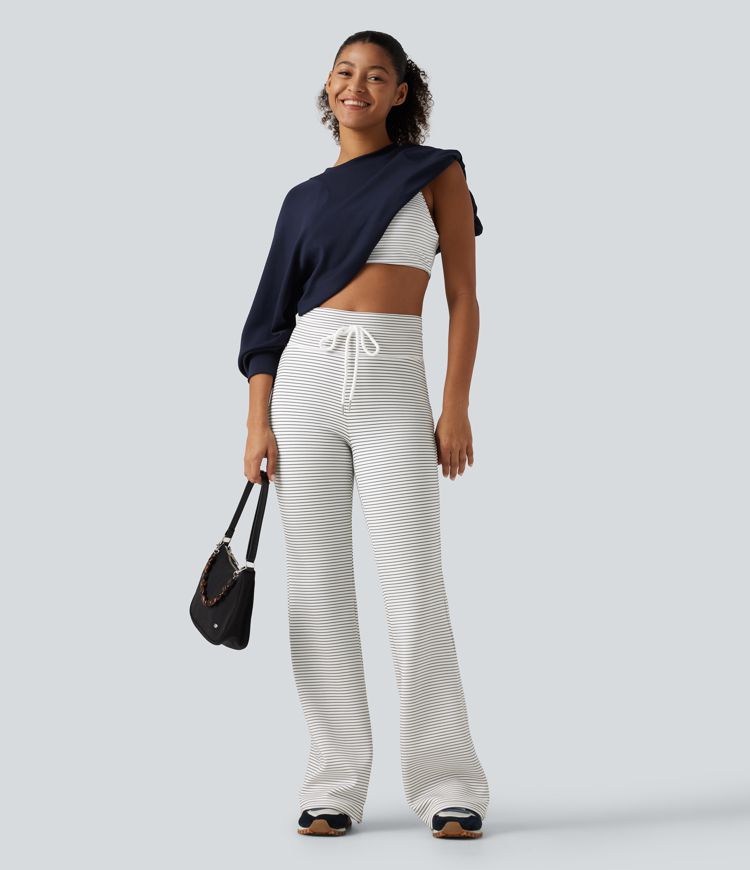 High Waisted Drawstring Stripe Flare Fleece Yoga Pants with Pockets High Waisted Drawstring Stripe Flare Fleece Yoga Pants with Pockets
