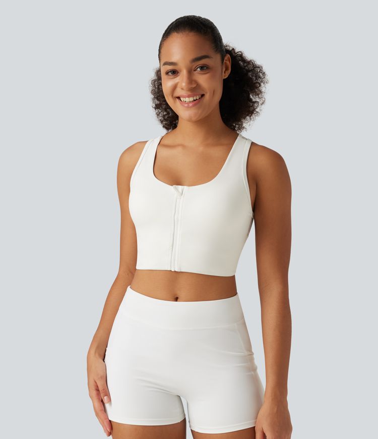 U Neck Zipper Contrast Mesh Back Cropped Yoga Tank Top with Built-in Bra and Pocket