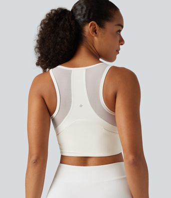 U Neck Zipper Contrast Mesh Back Cropped Yoga Tank Top with Built-in Bra and Pocket