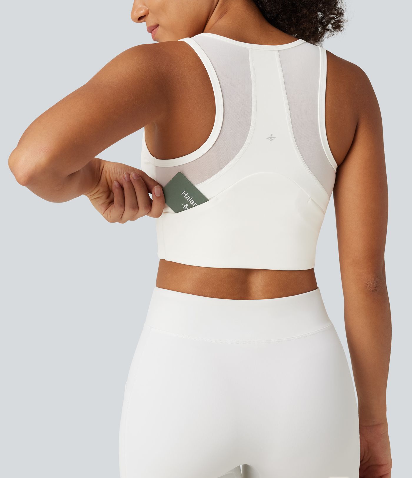 U Neck Zipper Contrast Mesh Back Cropped Yoga Tank Top with Built-in Bra and Pocket