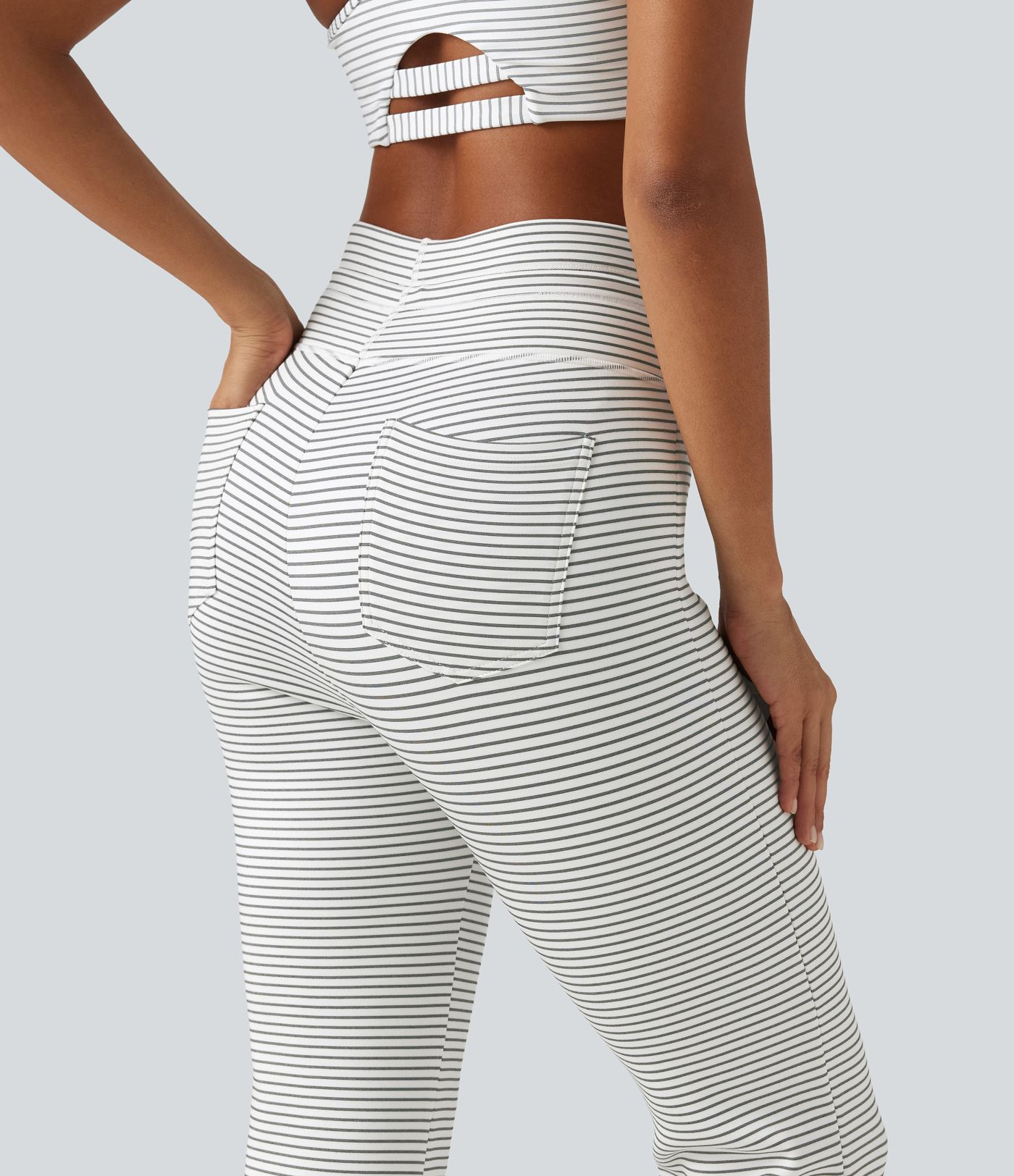 High Waisted Drawstring Stripe Flare Fleece Yoga Pants with Pockets High Waisted Drawstring Stripe Flare Fleece Yoga Pants with Pockets