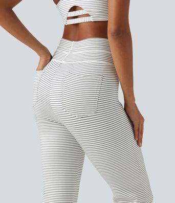 High Waisted Drawstring Stripe Flare Fleece Yoga Pants with Pockets High Waisted Drawstring Stripe Flare Fleece Yoga Pants with Pockets