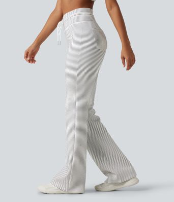 High Waisted Drawstring Flare Stripe Fleece Yoga Pants with Pockets