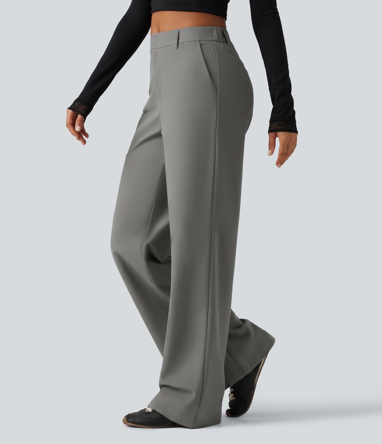 Wrinkle Recovery Mid Rise Straight Leg Work Pants with Pockets